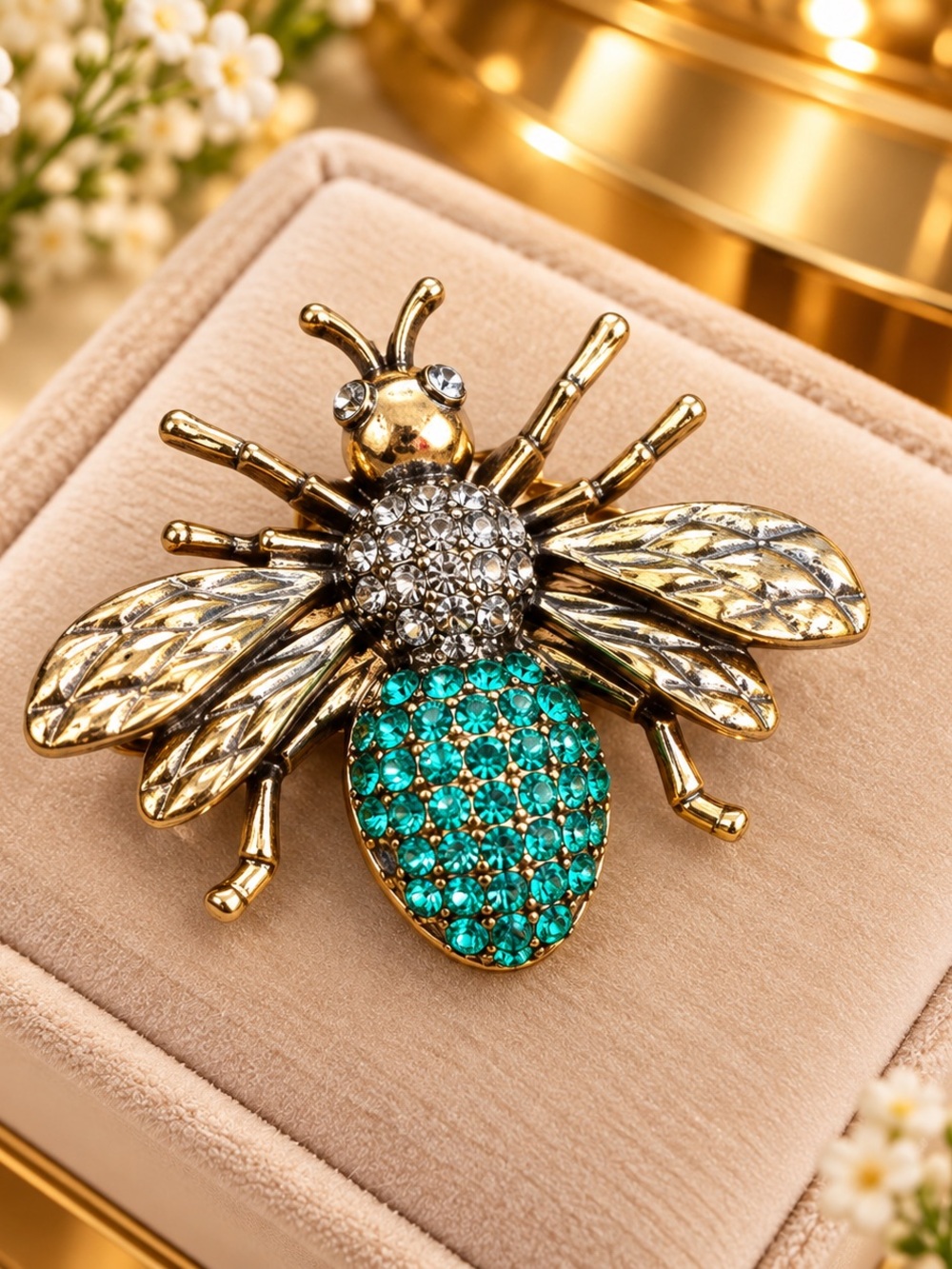 Emerald Green Crystal Bee Brooch | Gold Tone Rhinestone Statement Pin